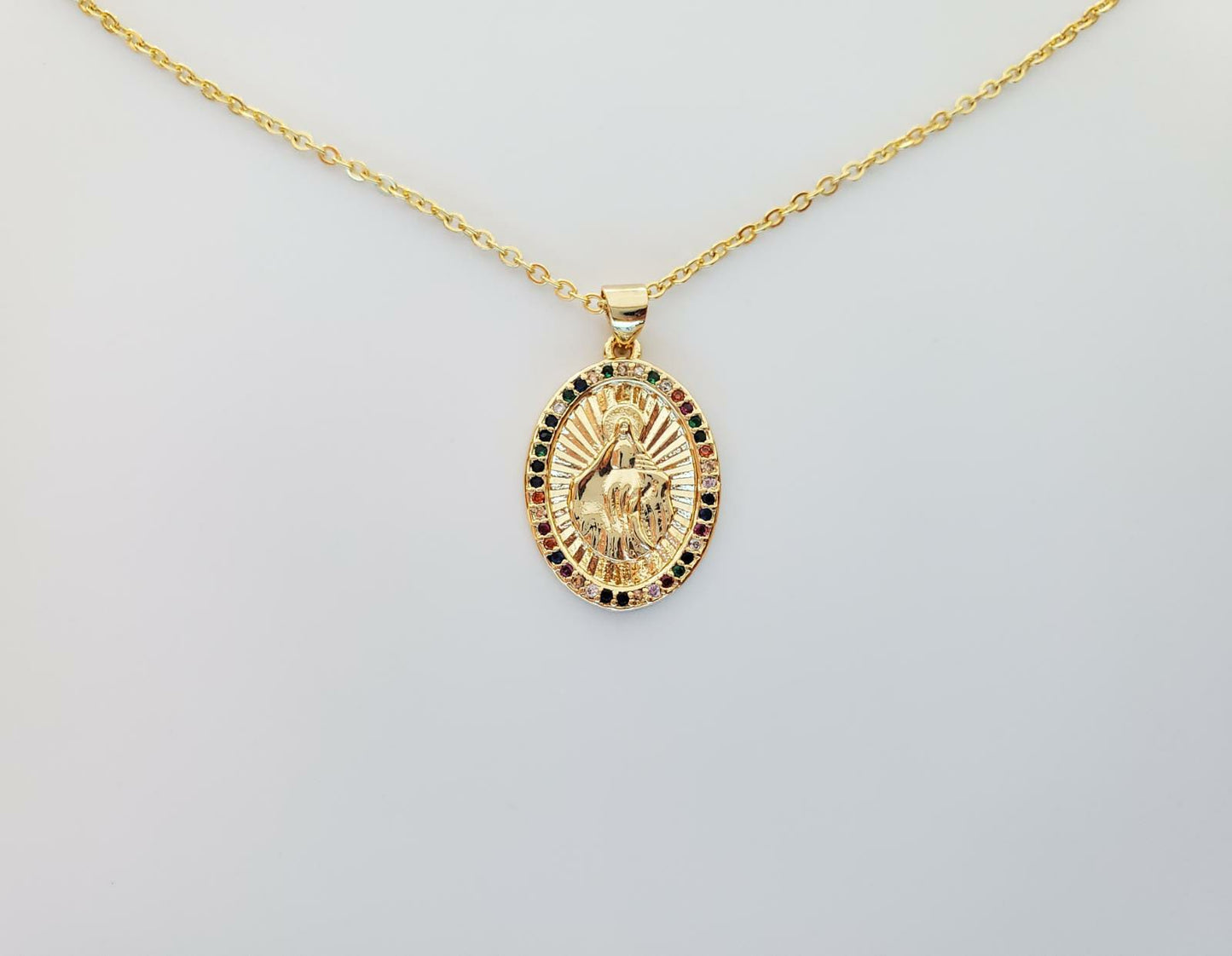 Virgin Guadalupe Medal with Colorful CZ | 18K Gold-Plated Necklace