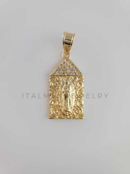 Dije Religioso - 102256 - Dije Medalla Virgen Guadalupe Cruz con CZ Blanca Oro Laminado 18K
