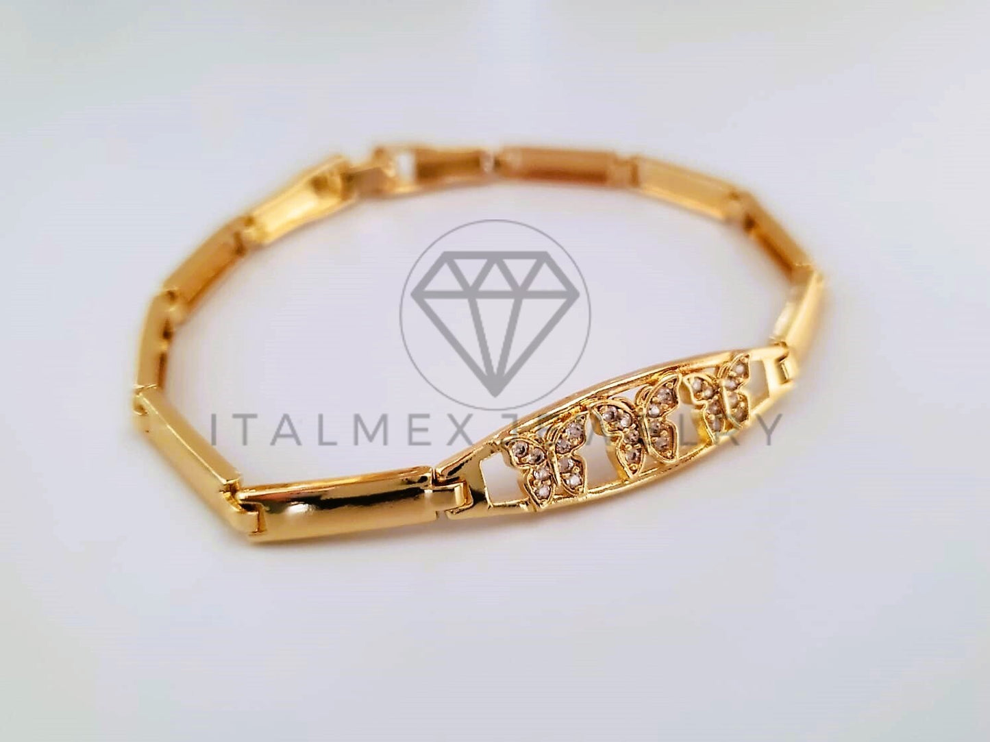 Pulsera de Lujo - 104322 - Diseño Placa Mariposas CZ Clara Oro Laminado 18K