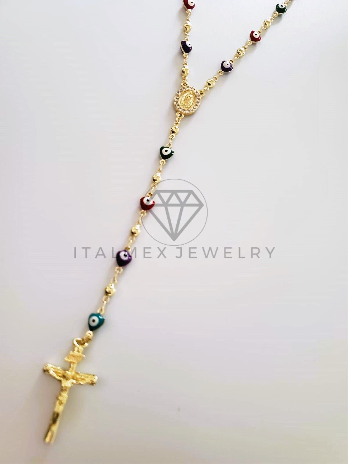 Rosario de Lujo - 104226 - Estilo Ojo Turco Corazón Medalla Virgen Oro Laminado 18K