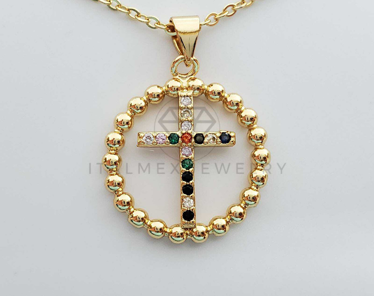 Collar Elegante - 100266 - Cruz con CZ Colores 20" Dorado Oro Laminado 18K