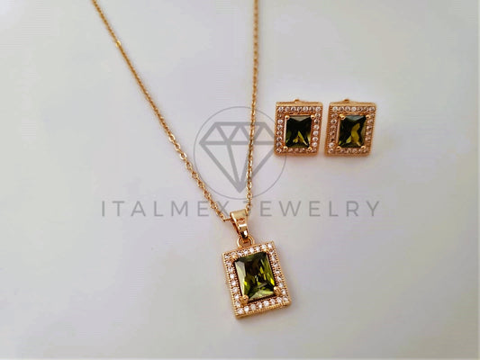 Juego de Lujo - 103943 - Diseño Corte Princesa Circonia Verde Oro Laminado 18K