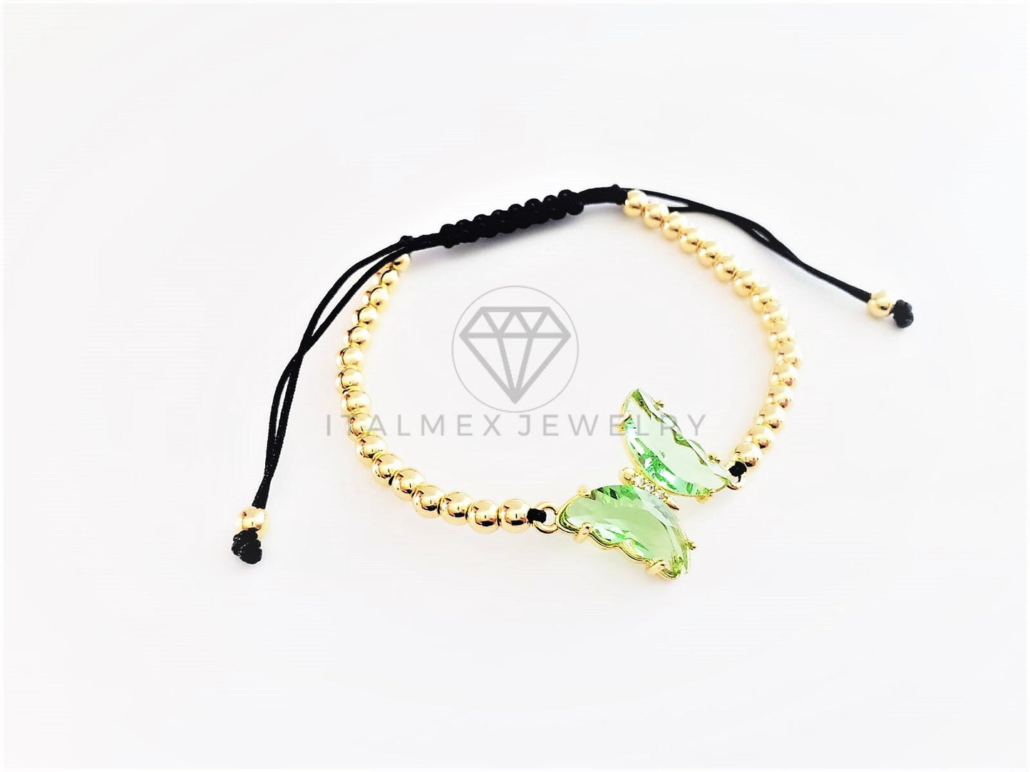 Pulsera de Lujo - 103179 - Diseño Bolitas con Mariposa CZ Verde Claro Oro Laminado 18K