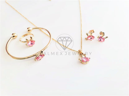 Juego de Niña - 103021 - Diseño de Conejito CZ Rosa Oro Laminado 18K