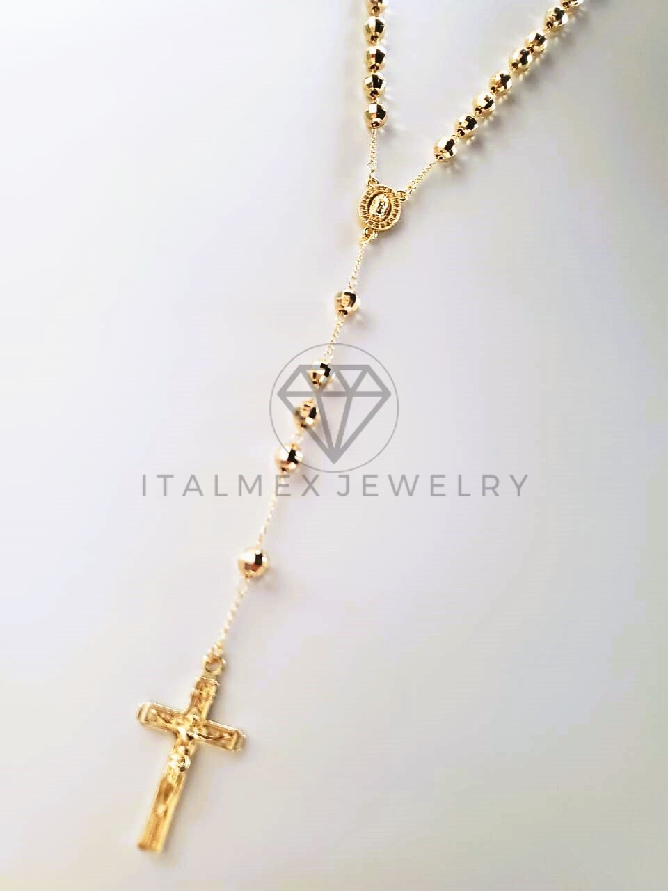 Rosario de Lujo - 104232 - Bola Diamantada con Medalla Virgen y Circonia Oro Laminado 18K