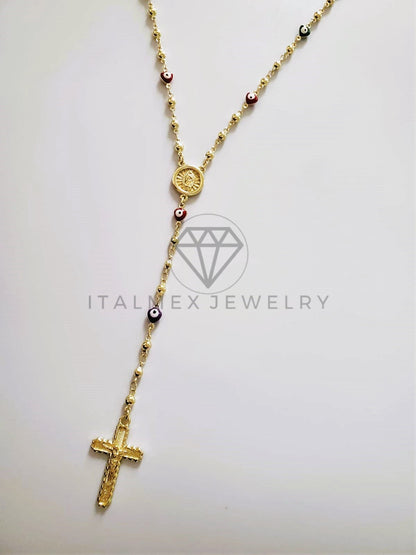 Rosario de Lujo - 104225 - Estilo Ojo Turco Corazón Medalla Virgen y Cristo Oro Laminado 18K
