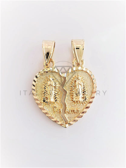 Dije Elegante - 102781 - Dije Corazón Partido Dos Vírgenes Oro Laminado 18K