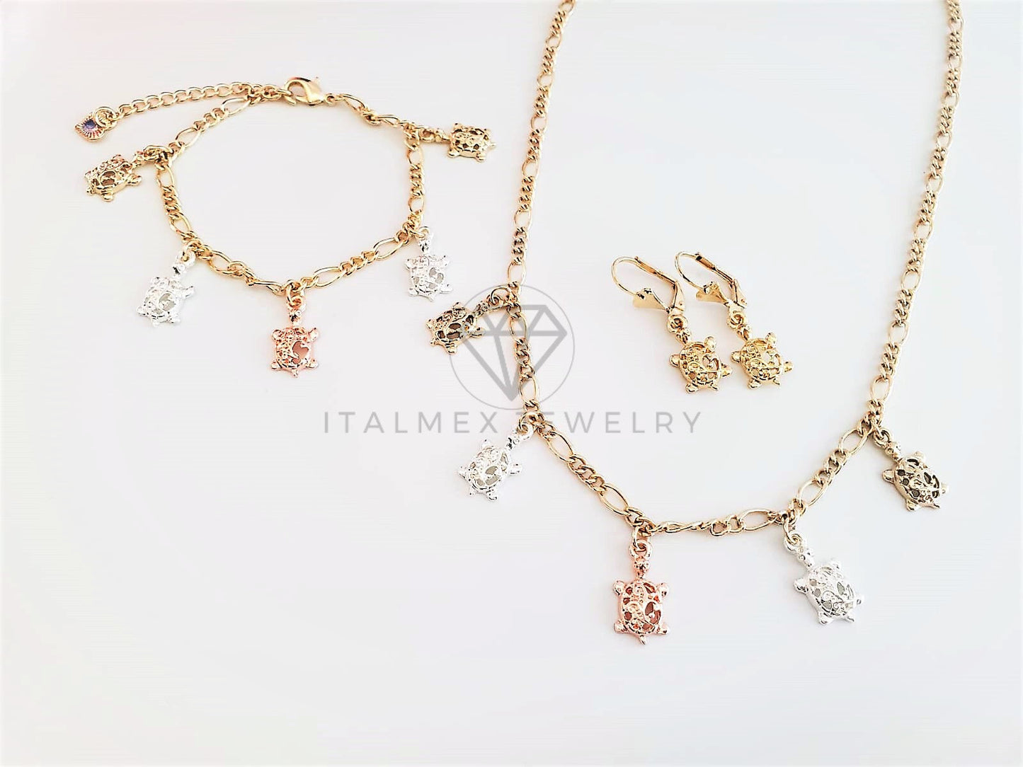 Juego de Lujo - 103170 - Diseño de Tortugas Collar, Arete y Pulsera Oro Laminado 18K