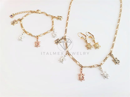 Juego de Lujo - 103170 - Diseño de Tortugas Collar, Arete y Pulsera Oro Laminado 18K
