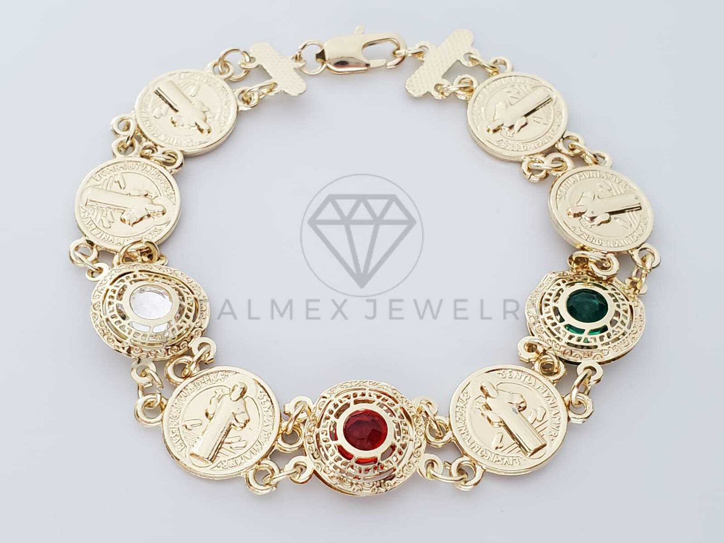 Pulsera de Lujo - 100171 - Diseño de Moneda de San Benito con CZ de Colores Tricolor Oro Laminado 18K