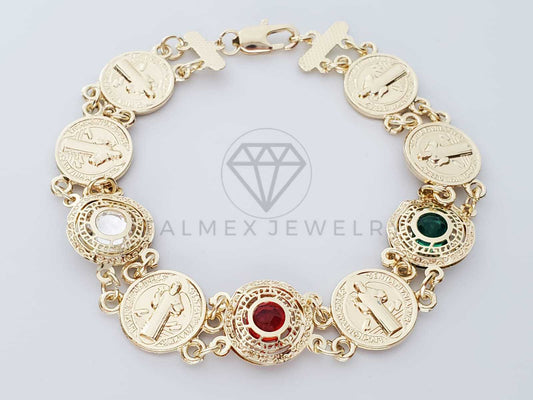Pulsera de Lujo - 100171 - Diseño de Moneda de San Benito con CZ de Colores Tricolor Oro Laminado 18K
