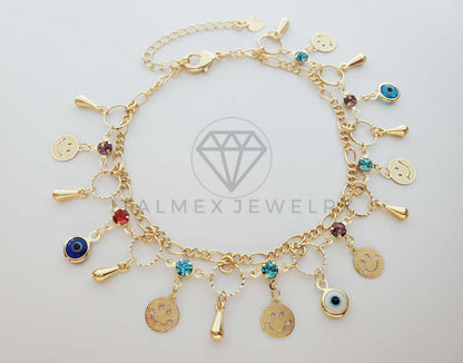 Tobillera Ajustable - 100132 - Diseño de Carita Feliz y Circonia de Colores Oro Laminado 18K