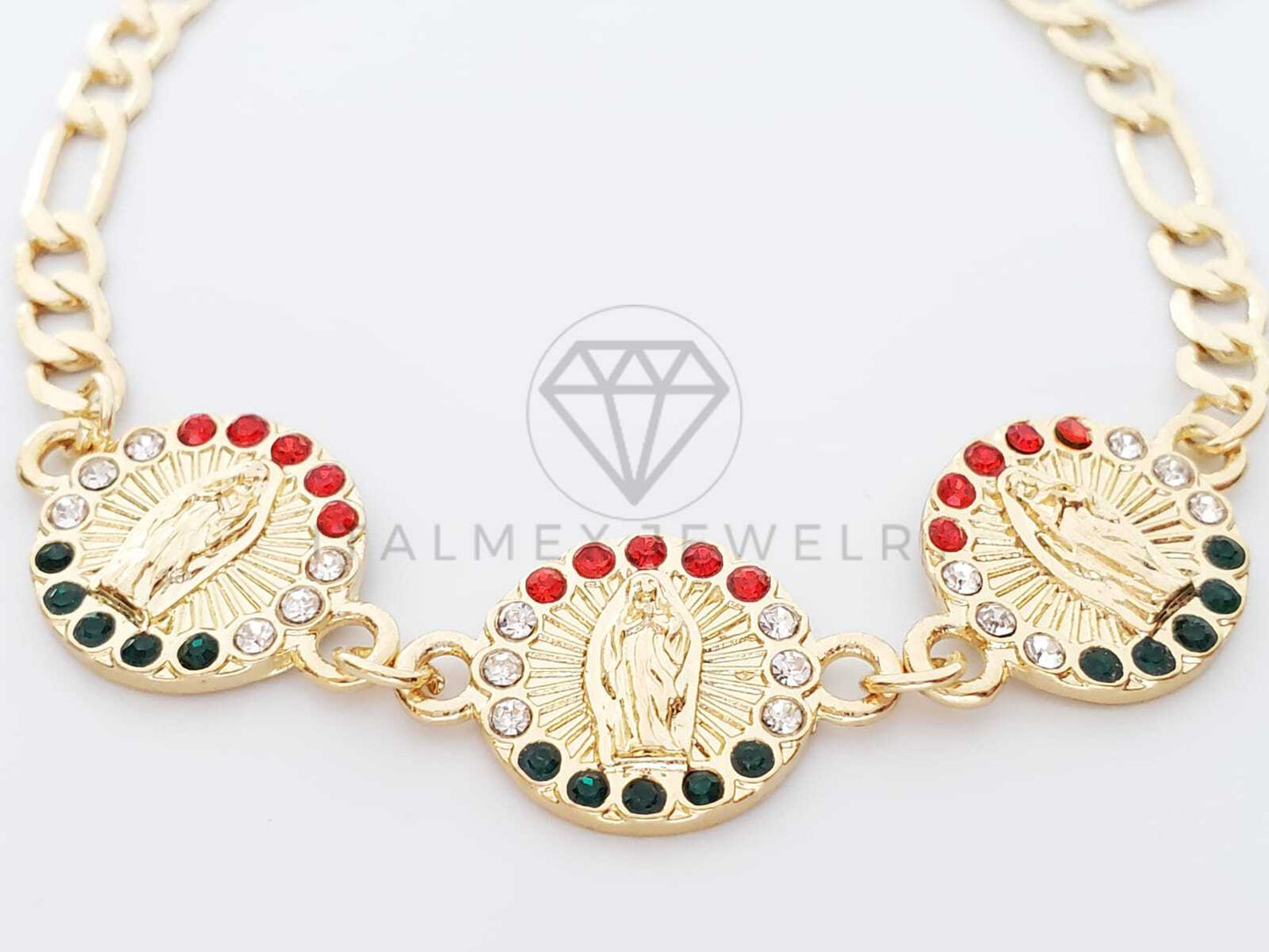 Pulsera Elegante - 100219 - Diseño de Moneda de la Virgen de Guadalupe Con CZ Tricolor Oro Laminado 18K